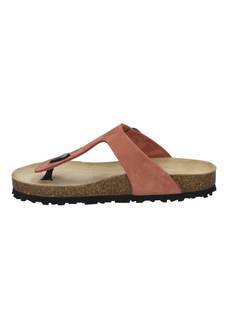 Vaaleanpunaiset mokkanahka flip-flop-sandaalit, joissa on korkkipohja, musta kumipohja ja minimalistinen muotoilu, jossa on varvasosa ja koristeellinen nappiakseli.