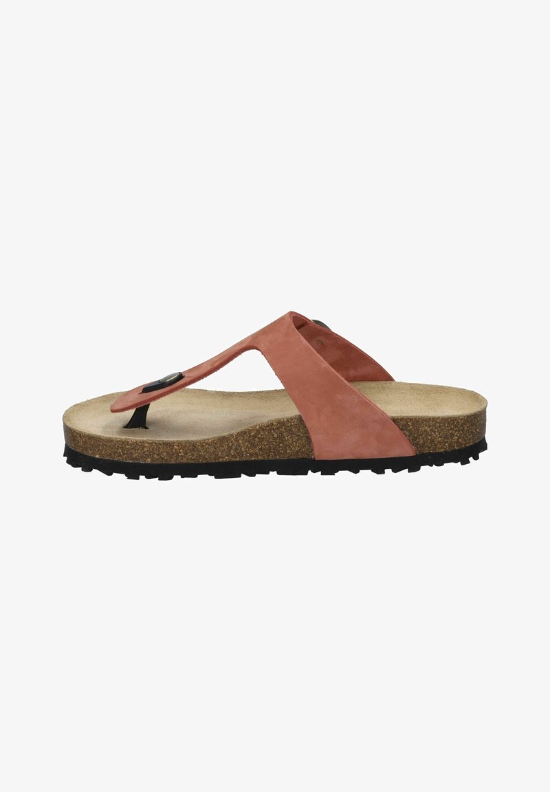 Vaaleanpunaiset mokkanahka flip-flop-sandaalit, joissa on korkkipohja, musta kumipohja ja minimalistinen muotoilu, jossa on varvasosa ja koristeellinen nappiakseli.