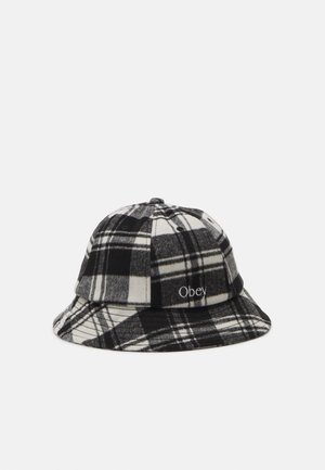 Schwarz-weißer Karobucket Hut aus weichem Stoff, mit einem gestickten "Obey"-Logo auf der Vorderseite und einem breiten, flexiblen Schirm.