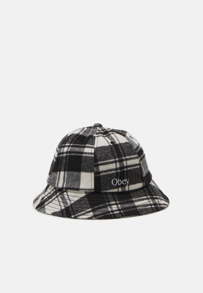 Pălărie tip bucket în carouri alb-negru, realizată dintr-un material moale, având un logo brodat "Obey" pe partea din față și o margine largă, flexibilă.