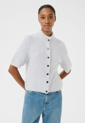 Light gray knitted sweater with a high collar, short sleeves, and black buttons down the front. Textured fabric with ribbing detail.