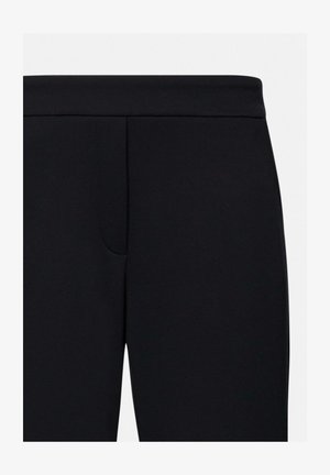 Black athletic pants featuring a smooth, stretchy fabric, a wide waistband, and a minimalistic design with no visible patterns or accents.
