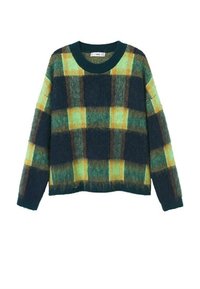 Blauw-groen geruite trui met een losse pasvorm, zachte textuur en een ronde hals. Heeft oversized mouwen en een pluizige afwerking.