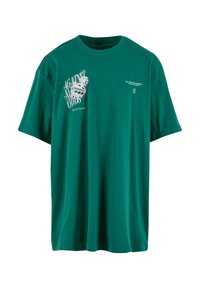 Green cotton t-shirt with a loose fit, featuring a graphic design of dice and the text "AGAINST ALL ODDS" in white on the front.