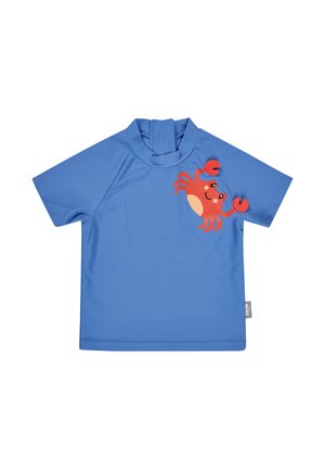 Blue short-sleeve toddler swim shirt with high collar and smiling red crab graphic on the chest.