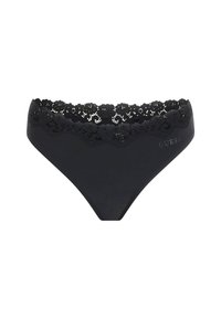 Black thong with a floral lace waistband, featuring a smooth fabric body and scalloped edges. "GUESS" logo embossed on the side.