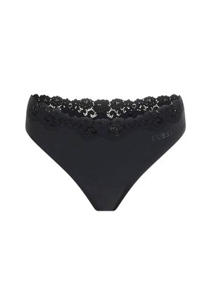 Zwarte string met een florale kant tailleband, met een gladde stoffen lijf en gegolfde randen. "GUESS" logo in reliëf aan de zijkant.