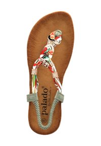 Vlakke, bruine inlegzool met meerkleurige band met een bloemenpatroon en metalen accenten; rubberachtige zool met een gestructureerde rand.