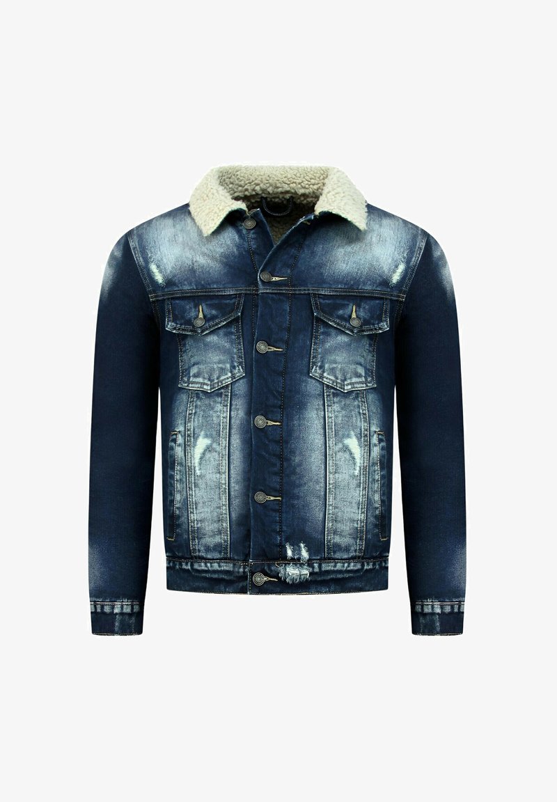 Spijkerjasje in donkerblauw met lichte slijtage, gerborstelde kraag, voorkantzakken, knoopsluiting en lange mouwen.