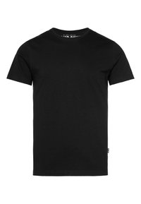 Black cotton t-shirt with a classic crew neckline and short sleeves. Smooth texture, straight hem, labeled tag on the bottom left side.