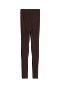 Bruna leggings med en slät, stretchig textur. De har en åtsittande design och helängd, vilket gör dem lämpliga för vardagsbruk.