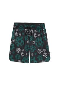 Bañador de malla negro con un patrón floral en verde y blanco, cinturilla elástica y cordón. Presenta un logotipo blanco en el lado inferior.