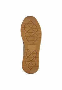 Suela de goma de un zapato con un patrón texturizado que presenta formas de diamante y surcos. El color es marrón claro con un acabado suave.