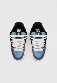 Blue and black sneakers with white laces, featuring a mix of suede and mesh materials, a round toe, perforations, and logo accents.