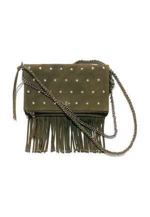 Olive green suede handbag featuring silver star embellishments, fringed detail at the bottom, and a metal chain strap with braided accents.