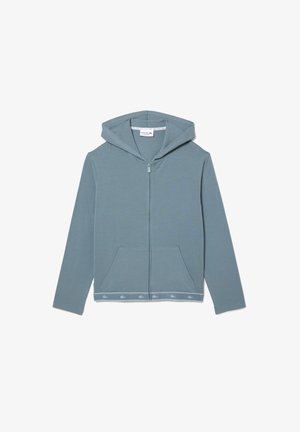 Hanorac cu fermoar de culoare albastru deschis, fabricat dintr-un material moale. Dispune de o buzunare frontală, o glugă și o banda cu un logo la margine. Design simplu.