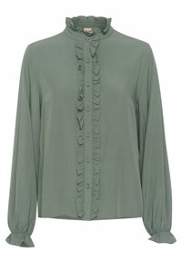 Green long-sleeve blouse with a ruffled collar and front placket, featuring button accents and gathered sleeves for a textured finish.