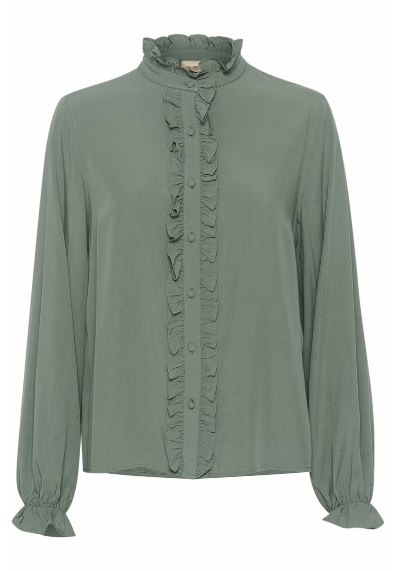 Green long-sleeve blouse with a ruffled collar and front placket, featuring button accents and gathered sleeves for a textured finish.