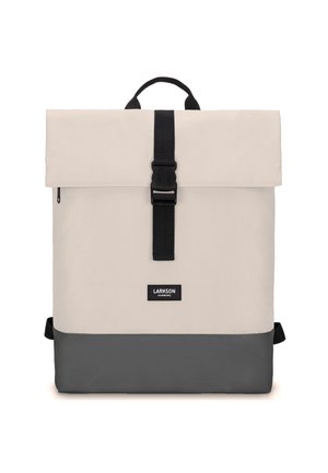 Beige and gray fabric backpack with a roll-top closure, black strap and buckle, and a front logo label. Smooth texture, rectangular shape.