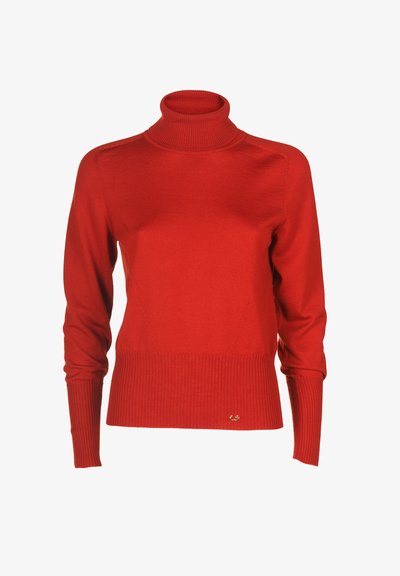 Red turtleneck sweater made from a soft, fine-knit material; features ribbed cuffs and hem, with subtle seam detailing and a small emblem.