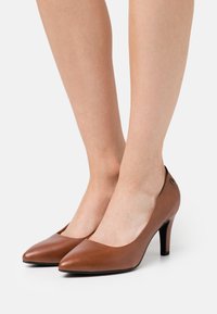 Escarpins en cuir marron à talons hauts avec un bout pointu et des côtés ouverts, présentant un petit accent logo près du talon.