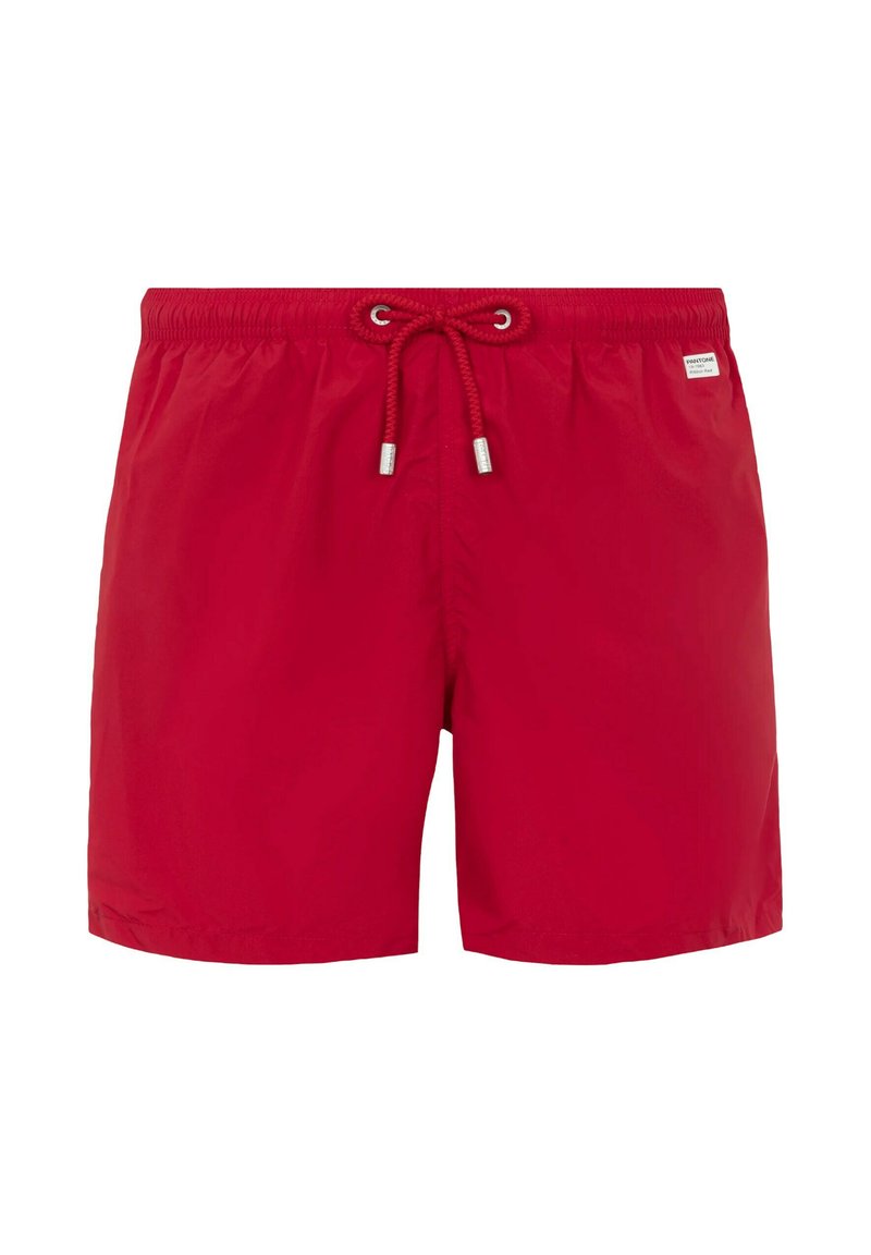 Pantaloni da nuoto rossi realizzati in tessuto leggero, con vita elasticizzata e cordoncino regolabile con estremità argentate.