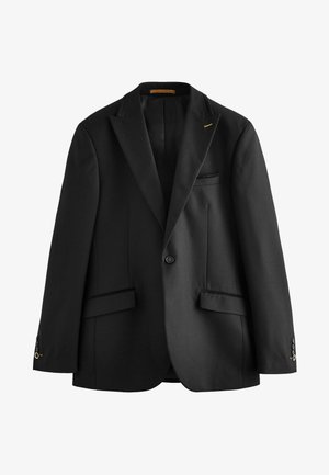 Black blazer made of textured fabric, featuring a notched lapel, single-button closure, and two front pockets with a chest pocket.