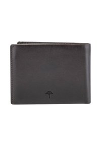 Sort læderbifoldpung med en glat tekstur, der har et subtilt præget logo på forsiden og synlig syning langs kanterne.