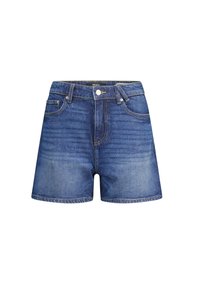 Denim shorts in medium blue wash, featuring a classic 5-pocket design, a button and zipper closure, and contrasting gold stitching.