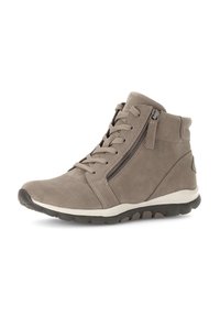 Gray suede mid-top shoes featuring a lace and side zipper closure, textured rubber sole, and a padded collar for comfort.