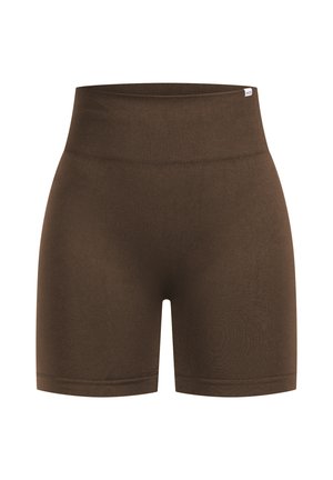 Bruine sportshorts met een brede ribgebreide tailleband, gemaakt van een zachte, rekbare stof. Heeft een getailleerd ontwerp en een lengte tot halverwege de bovenbenen.