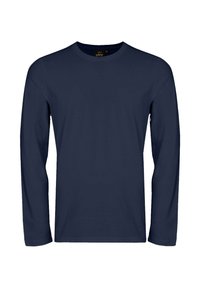 Marineblaue Langarm-T-Shirt aus Baumwolle mit Rundhalsausschnitt. Hat eine glatte Textur und ist für den Freizeitgebrauch konzipiert.