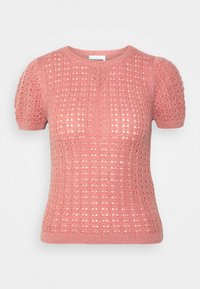 Suéter ajustado de manga corta en rosa suave con un patrón de tejido texturizado y detalles en calado, que presenta un cuello redondo y bordes acanalados.