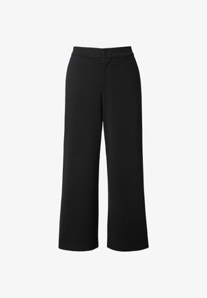 Schwarze, weit geschnittene Hose aus glattem, leichtem Stoff. Verfügt über einen Frontverschluss mit Knopf und seitliche Taschen für Funktionalität.