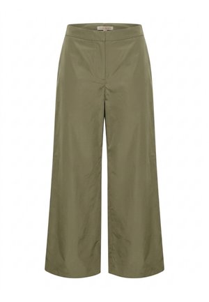 Pantaloni verde oliva a gamba larga con vita alta e chiusura frontale nascosta, realizzati in tessuto liscio leggermente lucido.