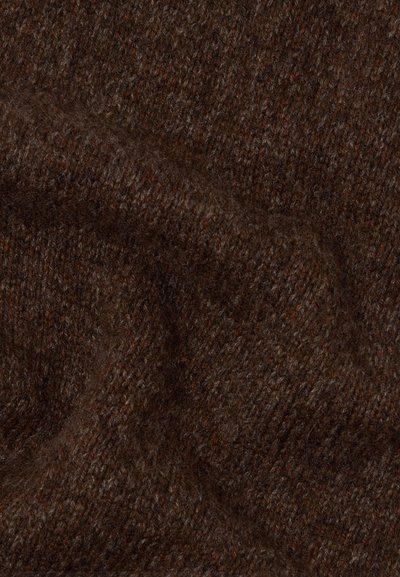 Dark brown woven fabric with a textured finish, featuring subtle variations in color and a soft, warm appearance.