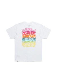 White cotton t-shirt featuring a colorful graphic print on the back with text in pink, orange, blue, and yellow, highlighting the brand name.