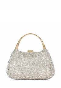 Silver beaded handbag with a rounded shape, embellished with rhinestones, and a metallic gold handle and clasp. Smooth texture.