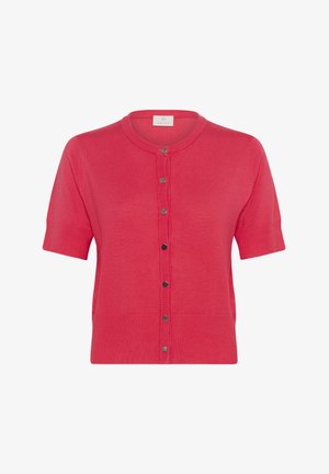 Červený krátky rukáv cardigan vyrobený z jemnej pleteniny. Má okrúhly výstrih a päť kovových gombíkov na prednej strane so žebrovaným lemom a manžetami.