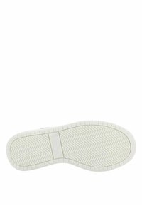 Suola di scarpa in gomma bianca con motivo a spina di pesce, caratterizzata da un design piatto e una texture liscia, comprensiva del emblema del marchio al centro.