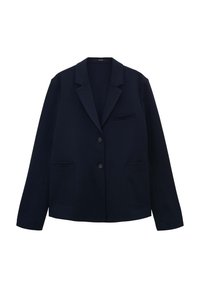 Navy blazer made from soft fabric, featuring a notch lapel, two front pockets, a single chest pocket, and two button closures.