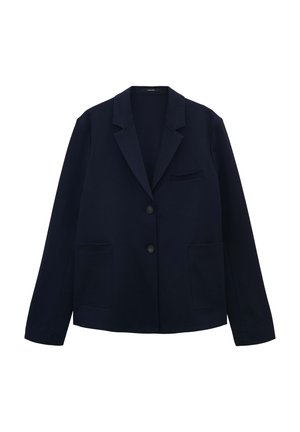 Blazer blu navy realizzato in tessuto morbido, con revers a punta, due tasche frontali, una tasca sul petto e due chiusure a bottone.