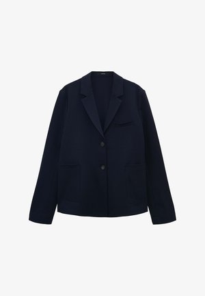 Blazer blu navy realizzato in tessuto morbido, con revers a punta, due tasche frontali, una tasca sul petto e due chiusure a bottone.