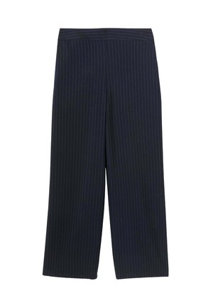 Pantalons à large jambe en bleu marine avec des rayures contrastées. Fabriqués dans un tissu à la texture lisse. Présentent une taille ajustée.