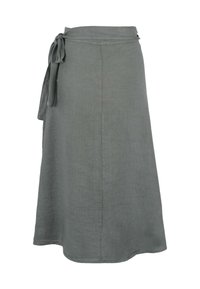 Gonna avvolgente realizzata in lino grigio leggero, con un nastro in vita, forma A-fluida e una sottile trama senza motivi.
