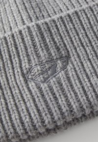 Beanie grigia a maglia con texture a coste e logo ricamato. Il materiale sembra spesso e morbido, con un design a risvolto per una maggiore calore.