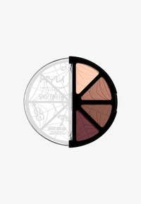 Palette di ombretti ovali nera e trasparente con quattro tonalità: beige chiaro, marrone chiaro, marrone scuro e bordeaux, decorata con un motivo a ragnatela sulla parte superiore.