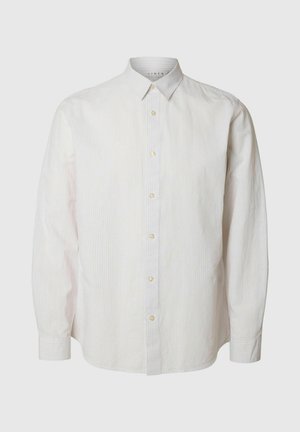 Baltas lina krekls ar gaiši ziliem svītrām, pogām leju, ar garām piedurknēm. Iekļauj pogas priekšpusē un uz piedurknēm.