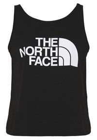 Camiseta sin mangas negra con un gran logo blanco de "The North Face" en la parte frontal. Fabricada en un suave y ligero material de algodón.