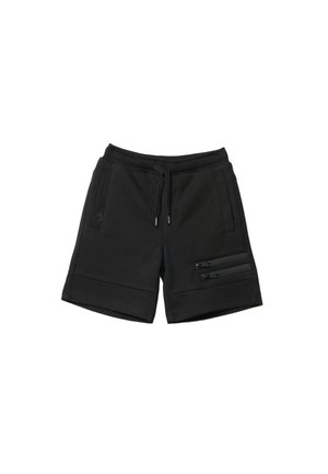 Pantalones cortos negros casuales con cinturilla elástica, cordón, dos bolsillos delanteros y dos bolsillos horizontales con cremallera en la pierna derecha.